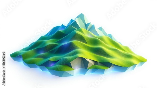 Polygonal mountain illustration featuring a blend of green and blue hues, creating a low poly and abstract landscape.
