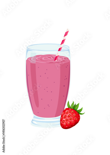 Strawberry smoothie or milkshake in glass with straw vector illustration. Stock illustration.