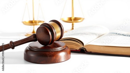 Law and Justice: Gavel rests near legal scales and an open book, symbolizing jurisprudence and judicial processes.