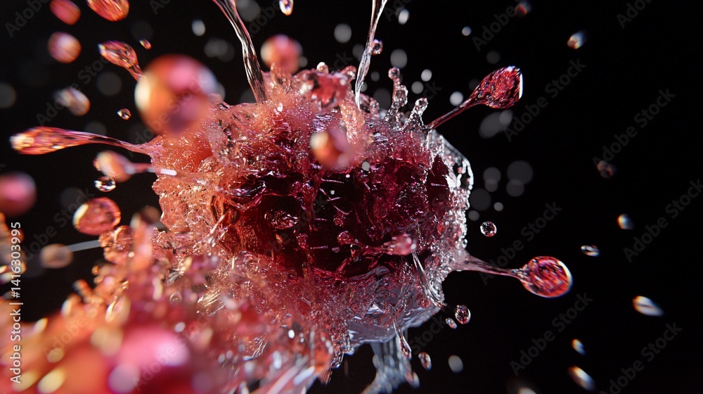 Crimson Liquid Explosion: A Dynamic Macro Photography of a bursting red substance against a black background, showcasing intricate details of splashing droplets and textures.