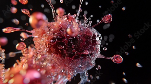 Obraz na płótnie Crimson Liquid Explosion: A Dynamic Macro Photography of a bursting red substance against a black background, showcasing intricate details of splashing droplets and textures. w salonie