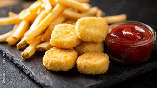 Crispy nuggets with fries and ketchup dip on slate background 