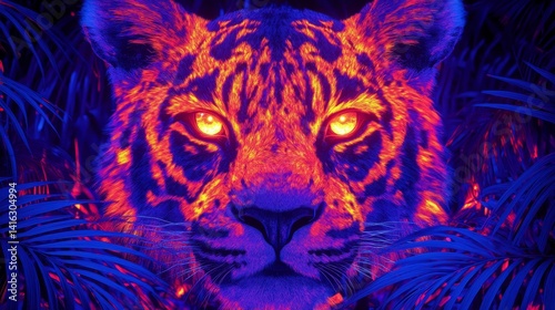 Vibrant feline portrait with glowing eyes in an ultramodern color scheme showcasing the animal's intensity and captivating neon presence and aura