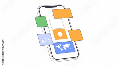 user interface and more applications on mobile phone 3d smartphone with app icons and world map development of applications social networks and software ui ux kit app 3d mobile phone with icons