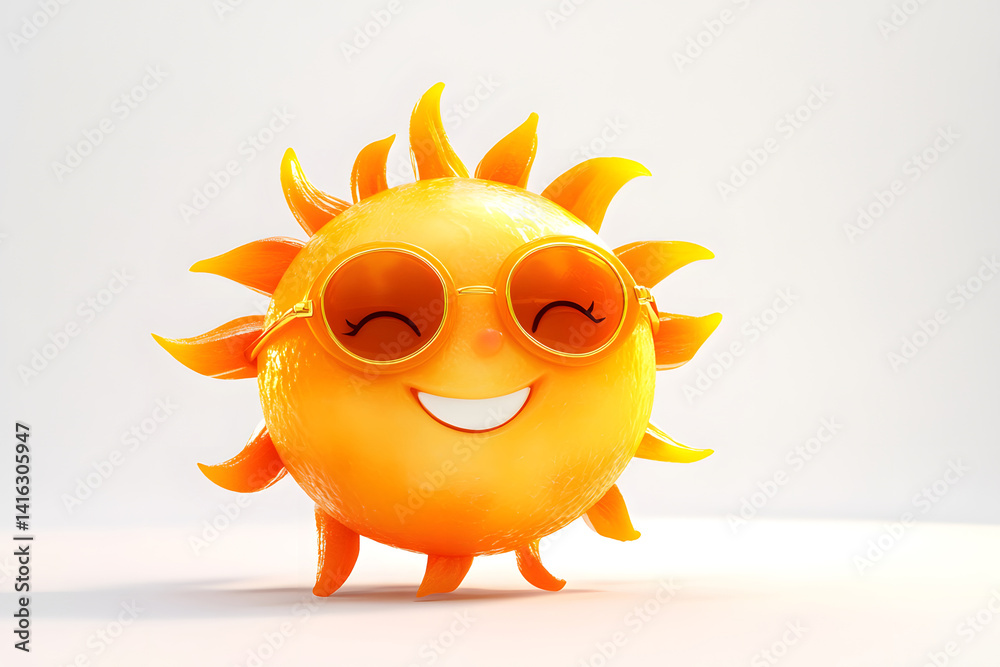 Cheerful cartoon sun character with big smile and stylish sunglasses radiating positive energy warmth, illustrated on white background for summer, weather, kids design themes.