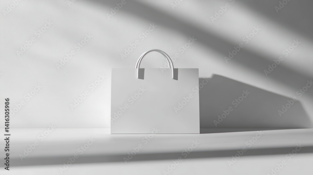 Naklejka premium White paper bag on shelf, sunlight shadows. Mockup for branding