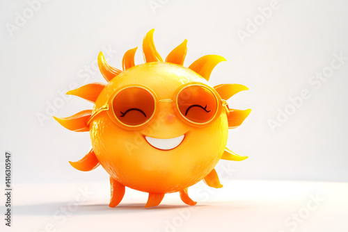 Obraz na płótnie Cheerful cartoon sun character with big smile and stylish sunglasses radiating positive energy warmth, illustrated on white background for summer, weather, kids design themes. w salonie