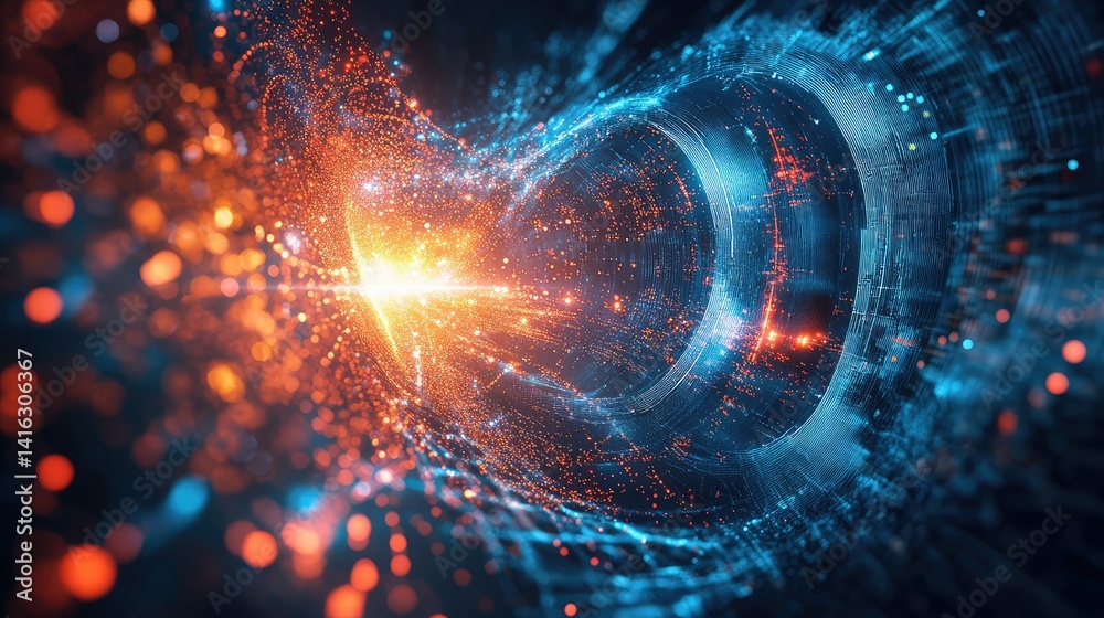 Fototapeta premium Abstract futuristic digital background featuring bright orange and blue lights, glowing particles, and dynamic lines representing technology, energy, and innovation in a mesmerizing design
