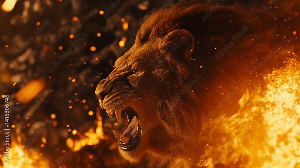 Fiery Lion Roar: A Majestic Beast Amidst Inferno