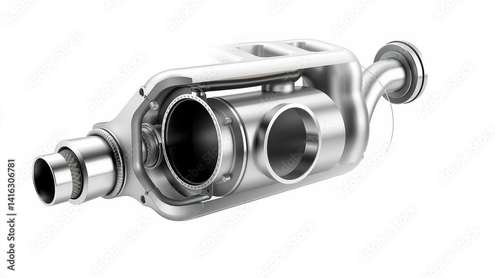 Silver metal exhaust system component showing internal details, showcasing complex design and engineering on a white background Silver metal exhaust system component showing internal details, showcasing complex design and engineering on a white background
