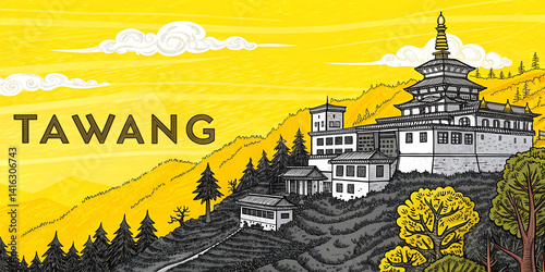 Tawang, Arunachal Pradesh  skyline in vector sketch illustration