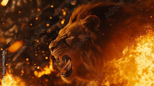 Obraz na płótnie Fiery Lion Roar: A Majestic Beast Amidst Inferno w salonie