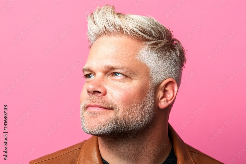 Obraz premium Pink solid background. An elegant midlife gentleman smiling gracefully. Elegant men's mid fade haircut - midlife white man with blond hair. Visual idea art of style for aging men.