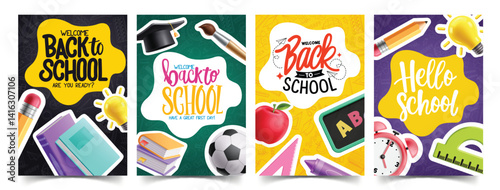 Welcome back to school clipart poster set. Back to school greeting text with sticker educational elements clip art for education flyers and banners collection vector illustration. 
