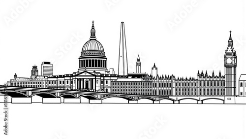 Iconic skyline of a major European city, featuring historic landmarks and modern architecture, rendered in a minimalist, black and white style.