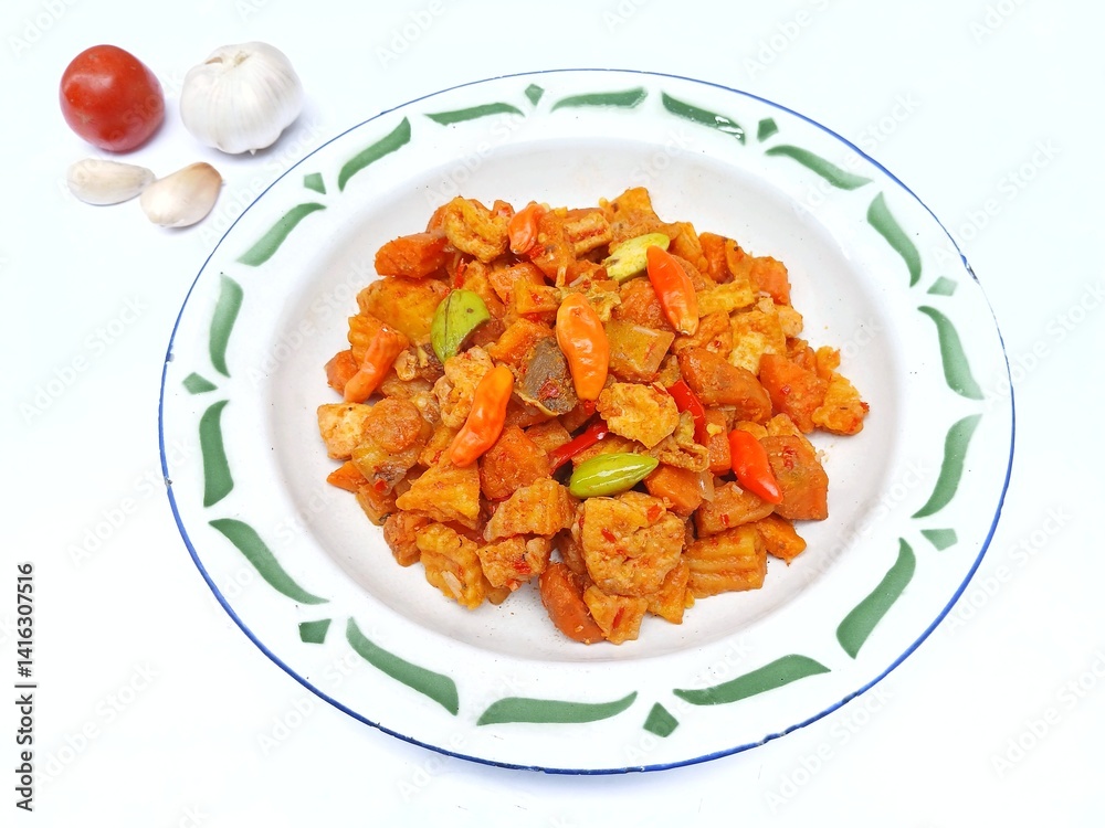 Stir-fried spicy potatoes, liver and stink beans in plate with white background Stir-fried spicy potatoes, liver and stink beans in plate with white background