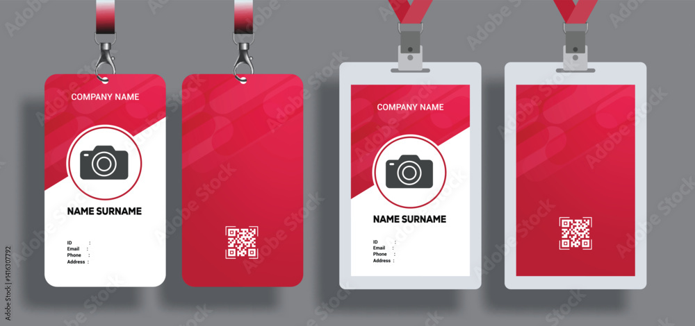 Naklejka premium Card red ID clipart template set. Company identification office badge clip art collection for employee personal data and identity information design vector illustration. 