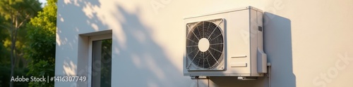 Sleek heat pump mounted on building's external wall, renewable, efficient