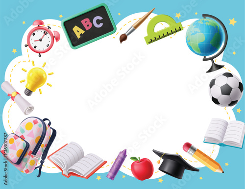Back to school blank template clipart. School educational elements in clouds space clip art background for editable learning education template design vector illustration. 
