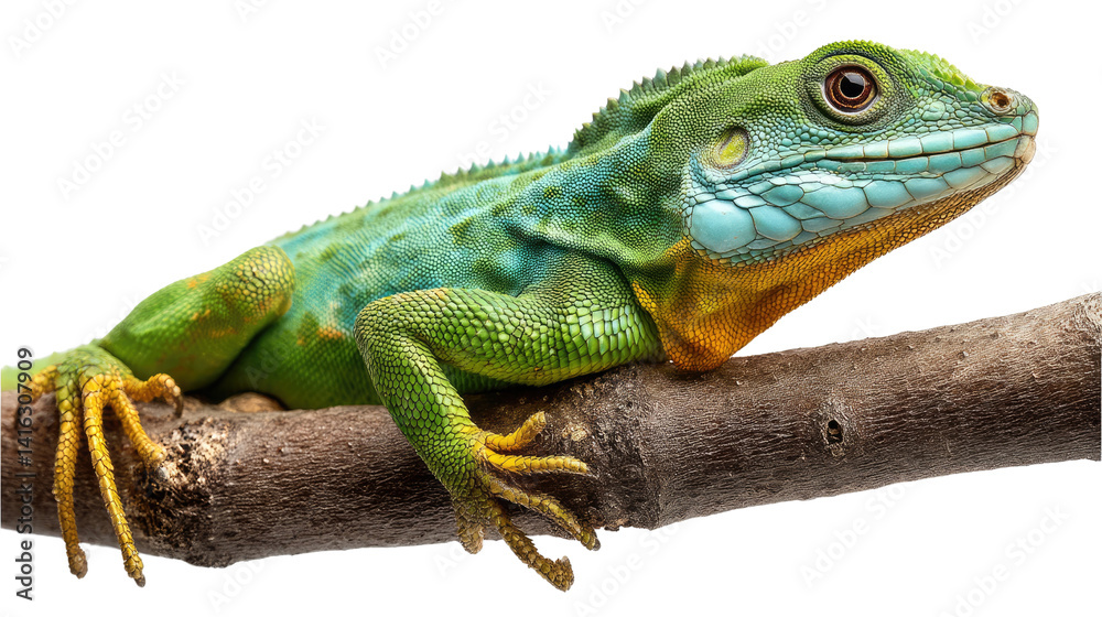 Fototapeta premium Emerald Arboreal: A vibrantly colored, emerald arboreal lizard perches gracefully on a natural branch, showcasing its intricate scales and captivating gaze.