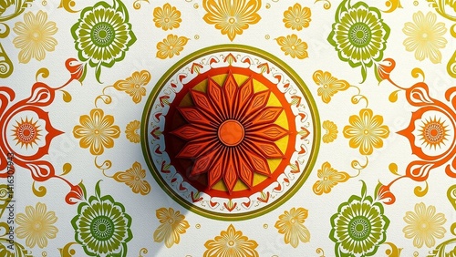 Floral pattern with central rosette in red, yellow, and green, symmetrically arranged on a textured white background.