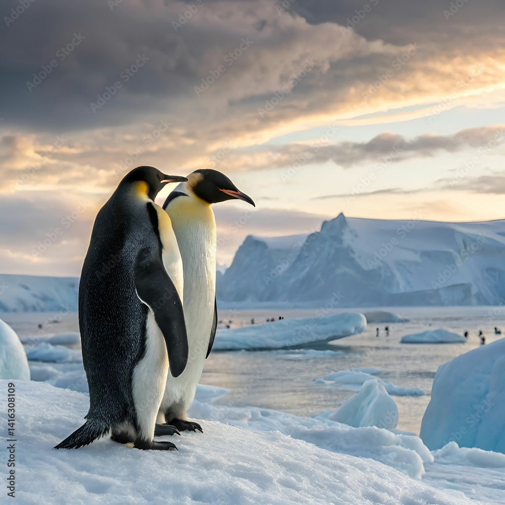 Fototapeta premium Penguins in Antarctic icefields, an ultra-realistic scene capturing the adorable penguins 