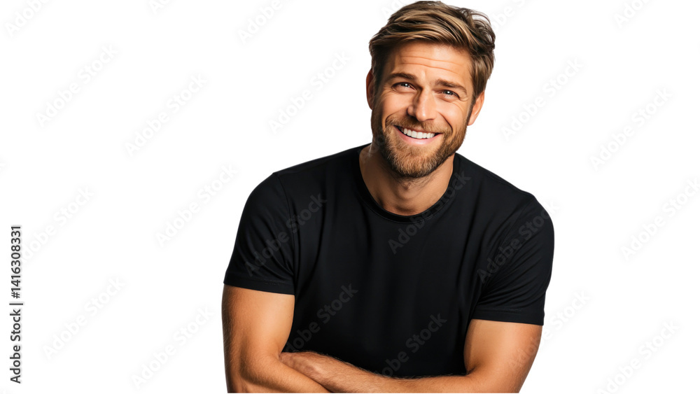 Portrait of a Handsome Smiling Man with Crossed Arms Wearing a Black T-Shirt Against a white Background Portrait of a Handsome Smiling Man with Crossed Arms Wearing a Black T-Shirt Against a white Background