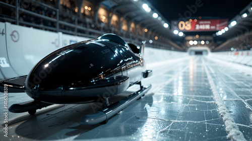 A bobsled with a focus on the aerodynamic shape and runners, placed on an ice track with the starting area in the background, Outdoor setting with dramatic lighting