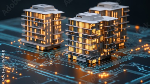 Futuristic apartments 1 2 3 on digital circuit board background with glowing lights smart city tech modern architecture and real estate innovation 