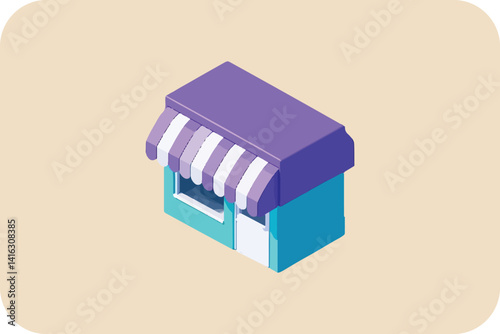 Charming Isometric Shopfront: A Colorful Store with Striped Awning Detail.