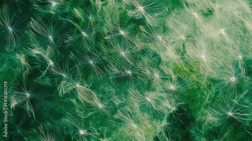 Obraz premium Abstract aerial view of delicate white filaments on lush green background creating an organic texture that evokes nature's beauty and harmony with soft light effects.