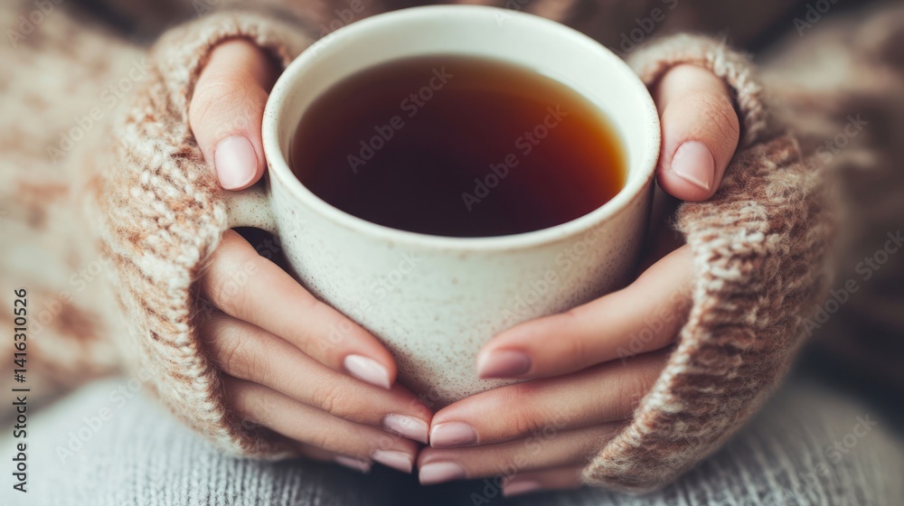 Cozy Winter Warmth: Hands in Knitted Sweater Holding a Mug of Tea Cozy Winter Warmth: Hands in Knitted Sweater Holding a Mug of Tea