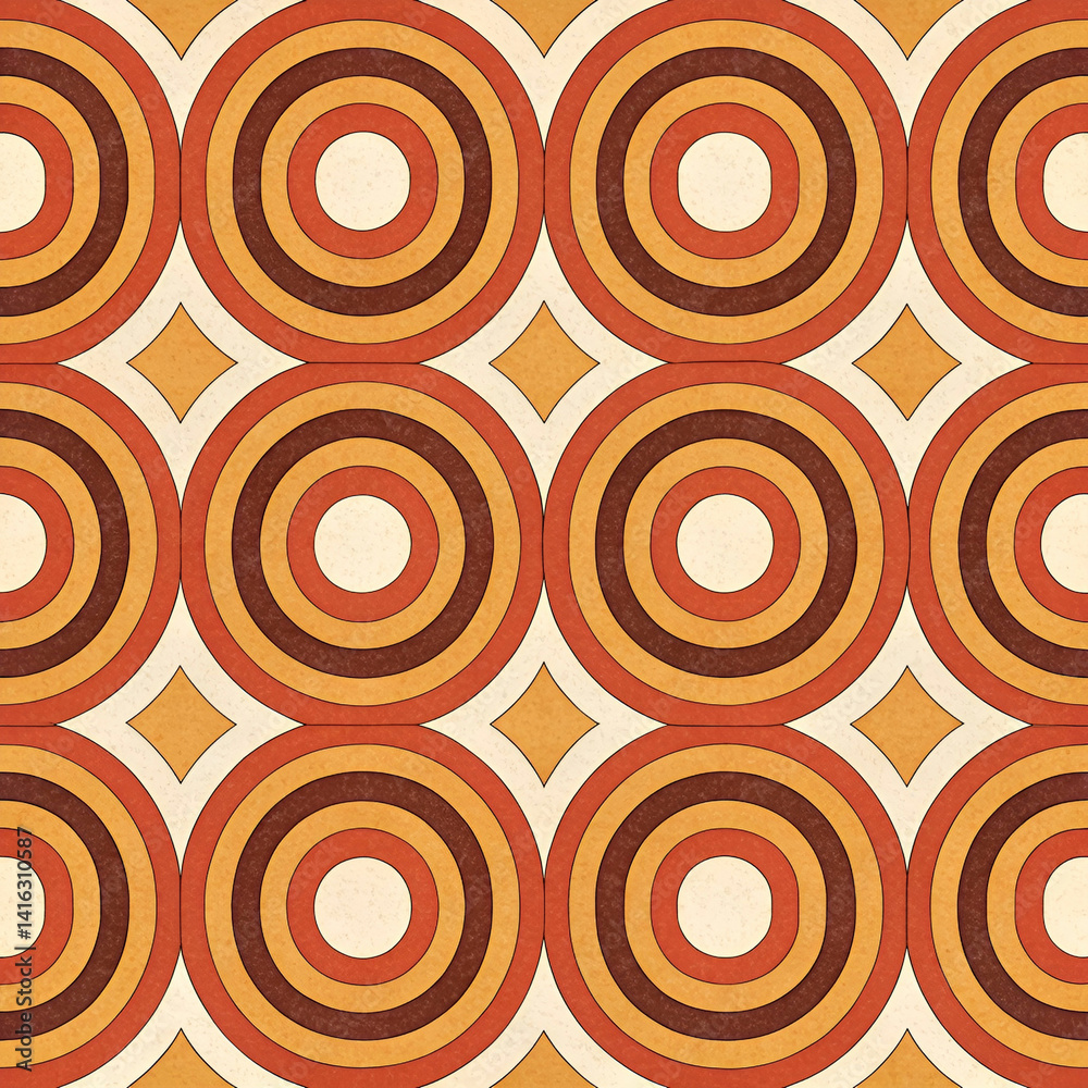 Fototapeta premium Retro 70s geometric loop pattern seamless vector, featuring bold, swirling loops and vibrant colors in a nostalgic design reminiscent of 1970s decor and style.