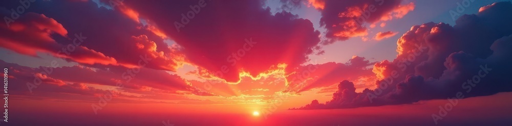 Fototapeta premium Crimson clouds ignite the western sky, breathtaking sunset spectacle, art, scenic