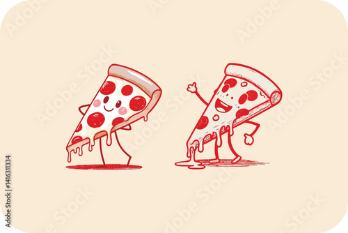 Happy Pizza Slices: Two Cheerful Cartoon Pepperoni Pizza Wedges with Melting Cheese, Expressing Deliciousness and Fun.