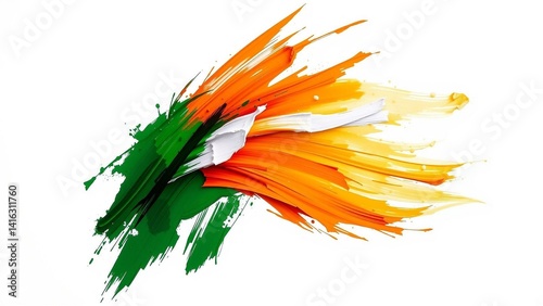 Abstract strokes of green, white, and orange on a bright white background, creating a dynamic and visually appealing composition.