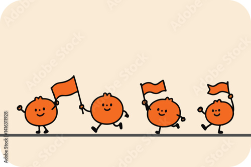 Happy Orange Parade: Four Cheerful Cartoon Oranges with Faces Waving and Moving Along a Line, Spreading Joy and Citrus Fun.