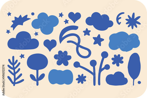Whimsical Blue Nature Dreams: An Assortment of Abstract Clouds, Stars, Hearts, Flowers, and Plants Creating a Dreamy and Playful Scene.