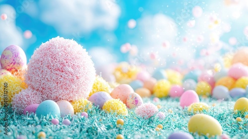 Pastel Easter eggs and decorative sphere in a spring meadow