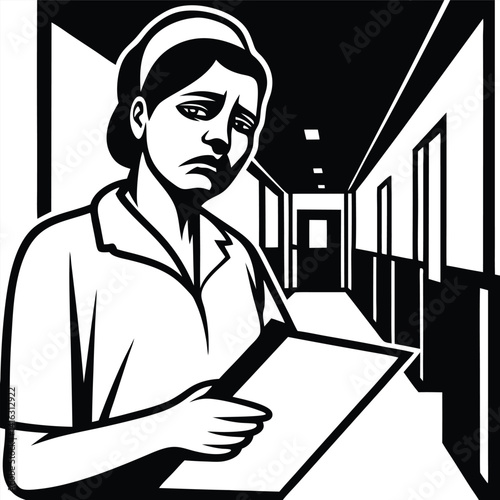 Sad Nurse Holding Chart in Hospital Corridor
