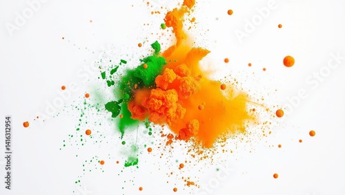 Colorful powder explosion with vibrant green and orange hues against a bright white background, creating a dynamic abstract composition.