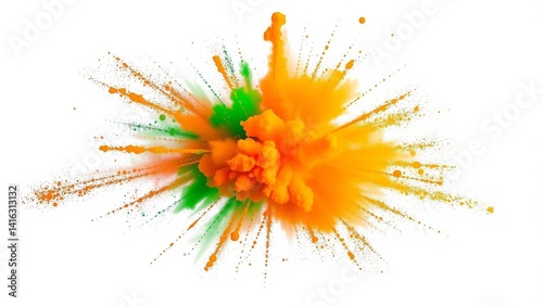 A vibrant explosion of orange and green hues radiates outward, creating a dynamic and eye-catching display of color and energy.