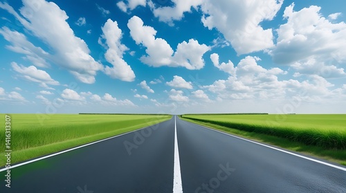 Straight road stretching through vibrant green fields under a bright blue sky with clouds, symbolizing freedom, travel, and open opportunities in nature

 photo