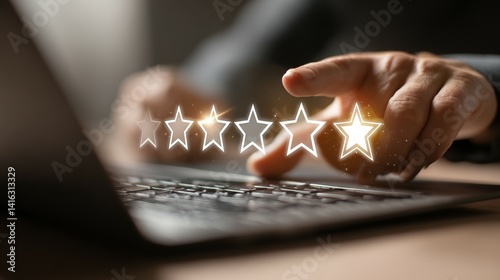 Positive online reviews are given by a person on a laptop. photo