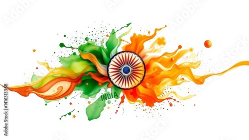 Vibrant artistic representation merging colors of a flag with central emblem on a white background; abstract design.