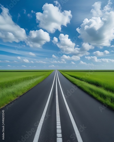 Straight road stretching through vibrant green fields under a bright blue sky with clouds, symbolizing freedom, travel, and open opportunities in nature

 photo