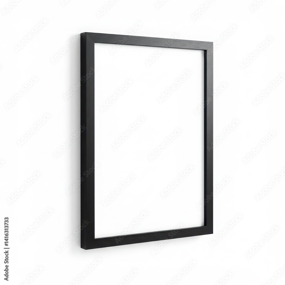A simple black rectangular frame hanging on a white wall casting a soft shadow in a studio setting A simple black rectangular frame hanging on a white wall casting a soft shadow in a studio setting