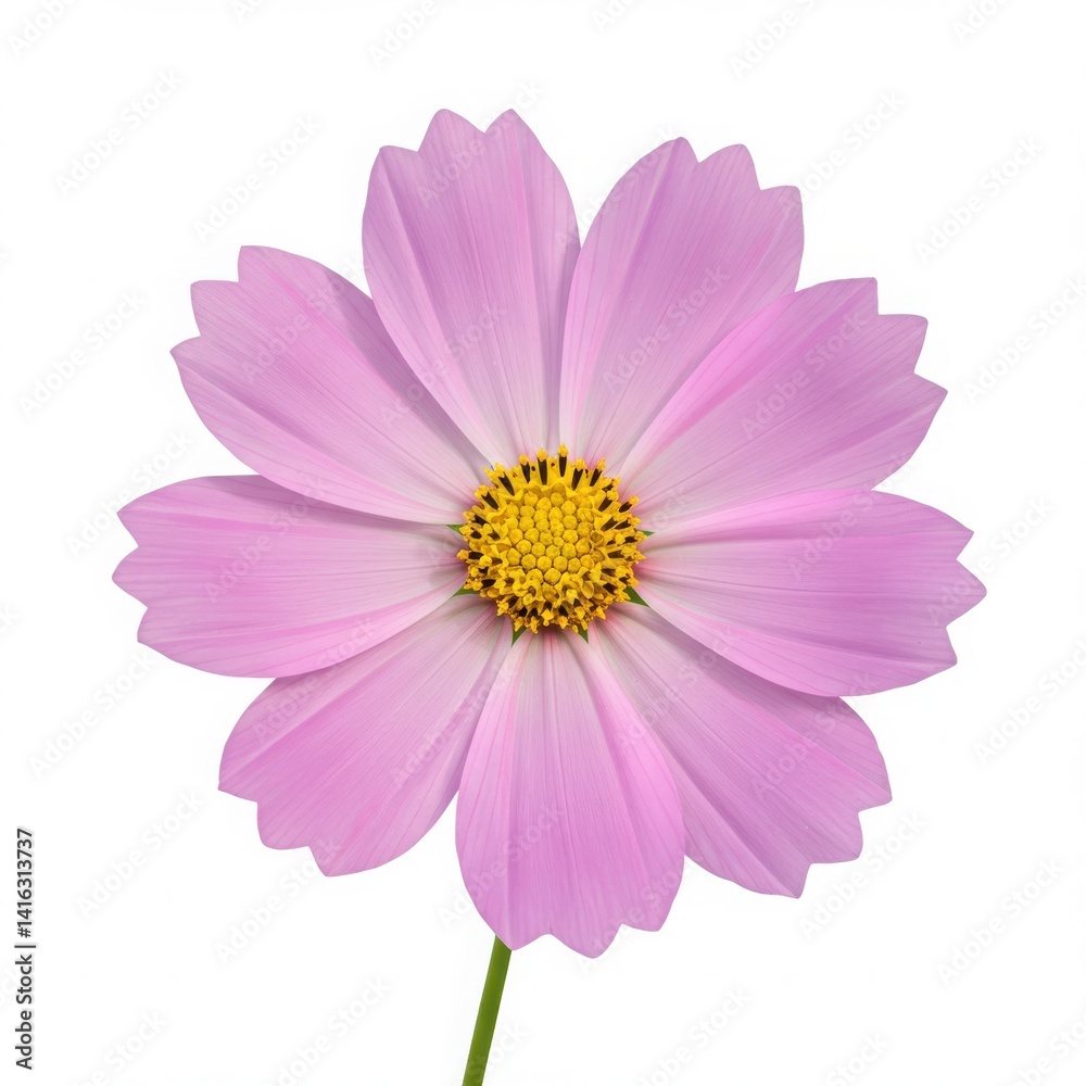Isolated close up of a light pink cosmos flower with a vibrant yellow center on a white background Isolated close up of a light pink cosmos flower with a vibrant yellow center on a white background