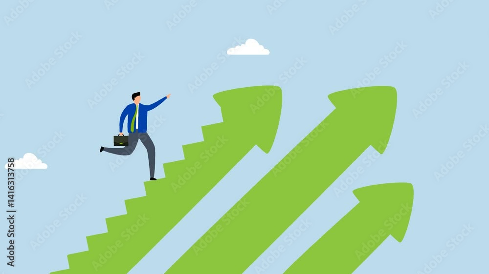 Step to success, 4k animation of businessman walk up arrow stair for victory. Step to success, 4k animation of businessman walk up arrow stair for victory.