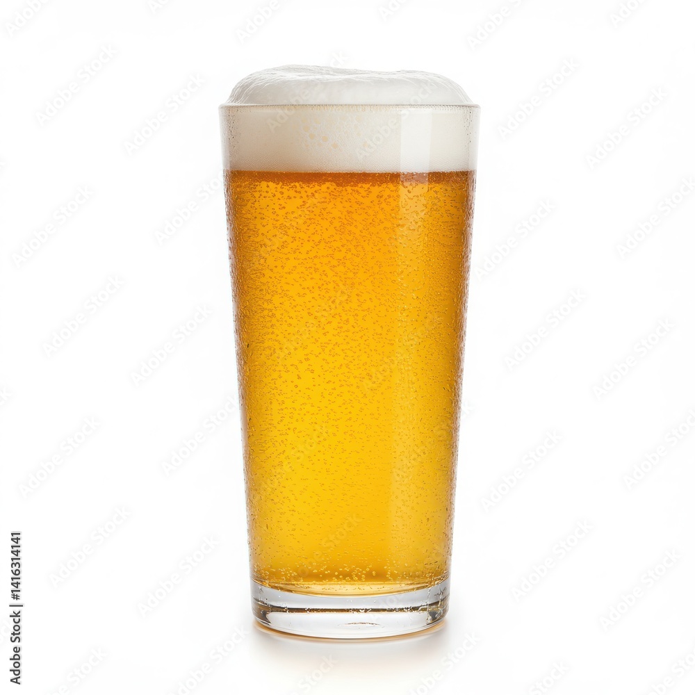 A tall glass of beer with a thick white foamy head on a white background in a studio shot image A tall glass of beer with a thick white foamy head on a white background in a studio shot image
